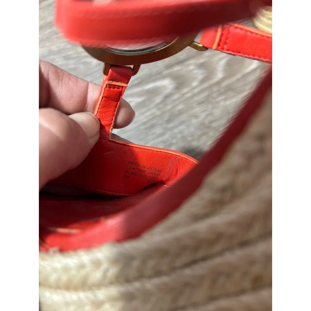 Michael Kors Red‎ Leather Espadrille Wedge Sandals MK Logo Gold Hardware 8M